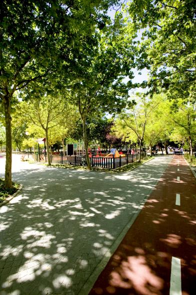 Carril Bici a su paso por el parque de Navarra con detalle en parque infantil